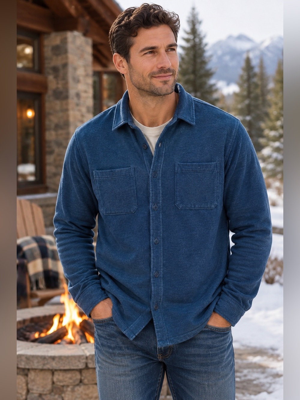 Orvis Men’s S Blue Cotton Knit Work Shirt Shacket Button Down Outdoor Workwear
